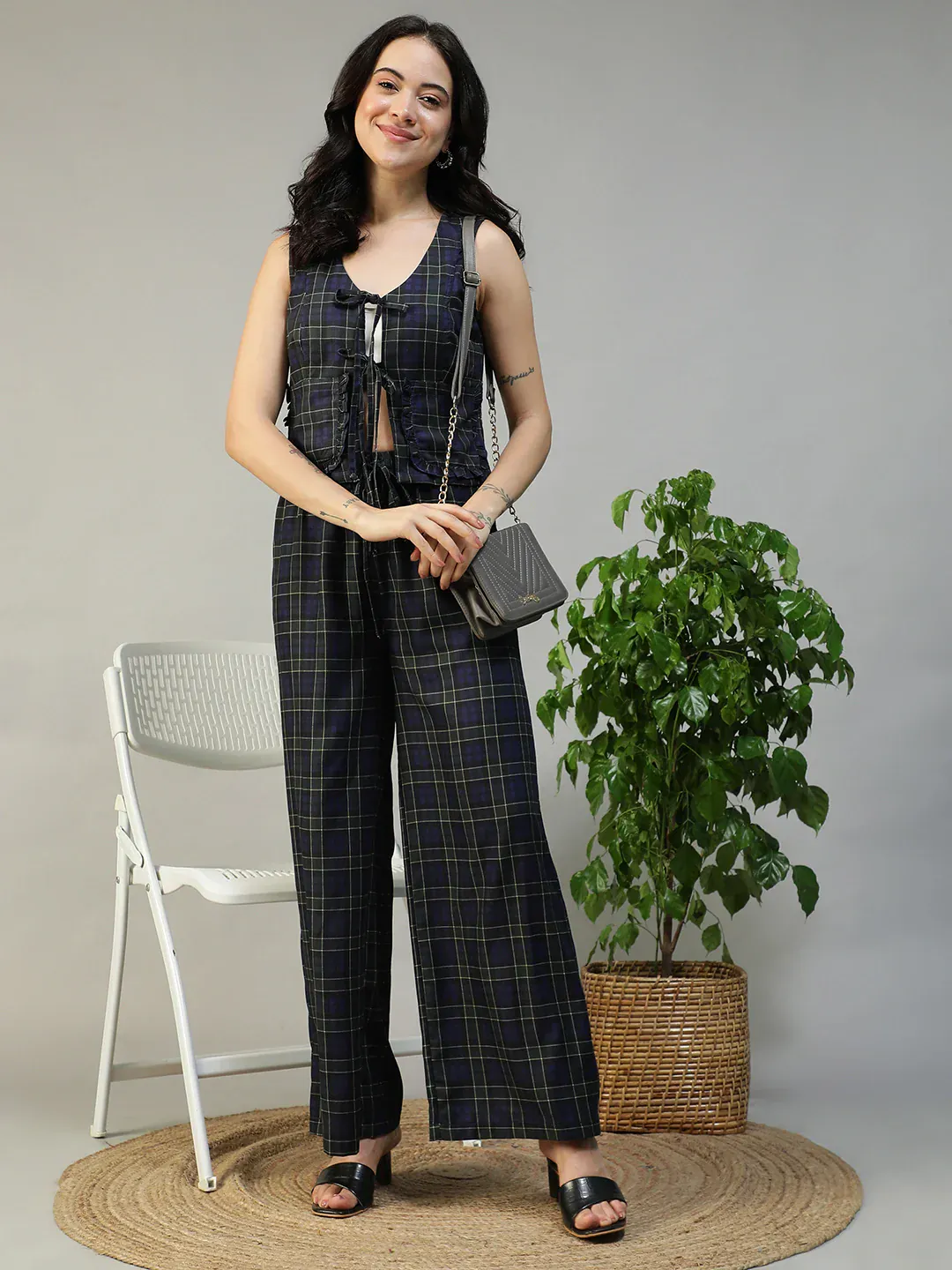 Purple Check Print Top & Elasticated Tie-Up Pants Co-Ord Set for Women - Image 8