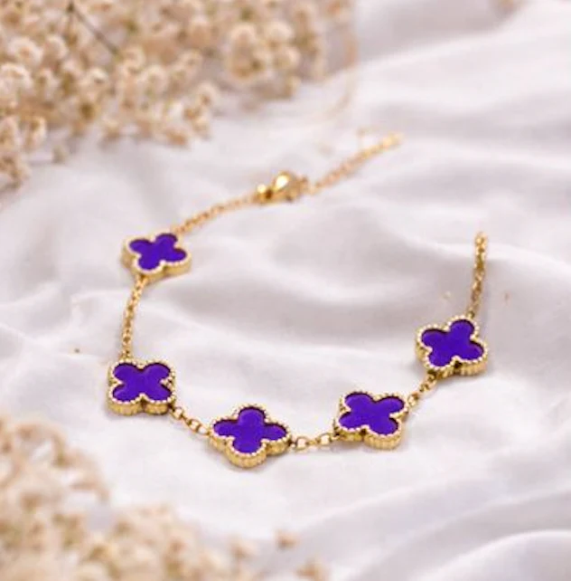 Purple Clover Flower Bracelet for Women – Gold Chain Adjustable Charm Bracelet - Image 2