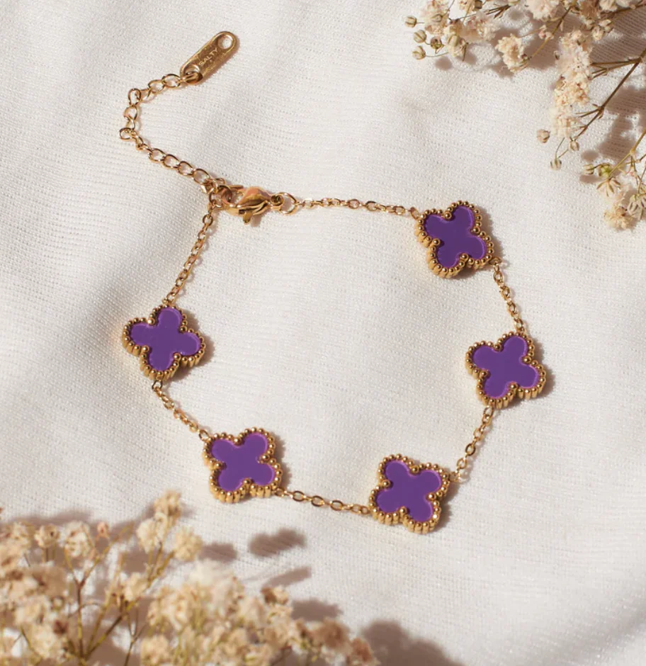 Purple Clover Flower Bracelet for Women – Gold Chain Adjustable Charm Bracelet - Image 3
