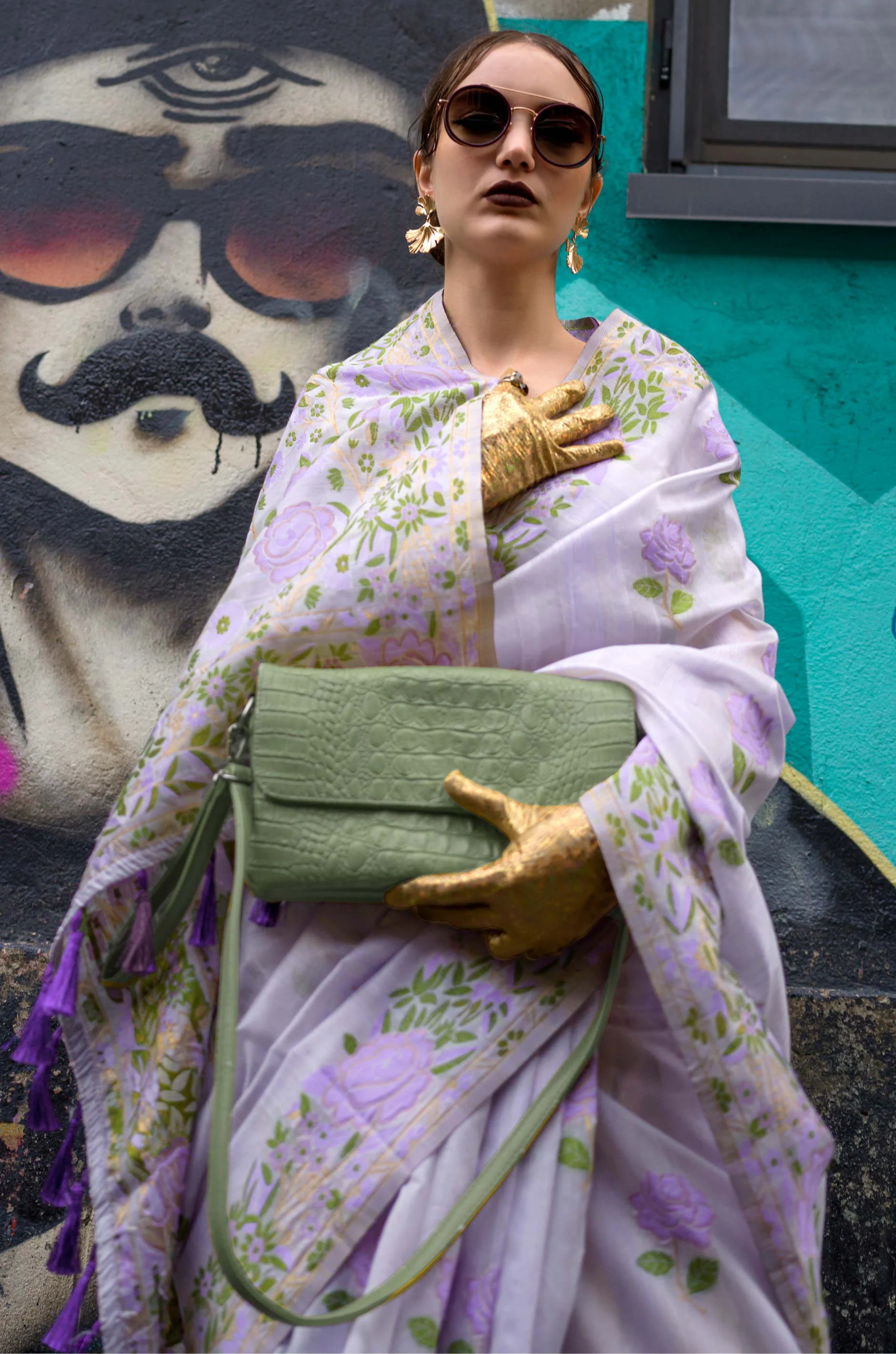 Purple Floral Parsi Woven Silk Saree - Image 2