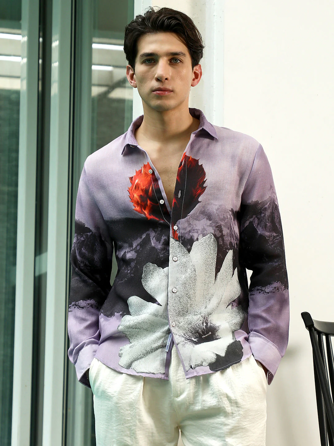 Purple Floral Printed Rayon Shirt With Spread Collar - Image 2