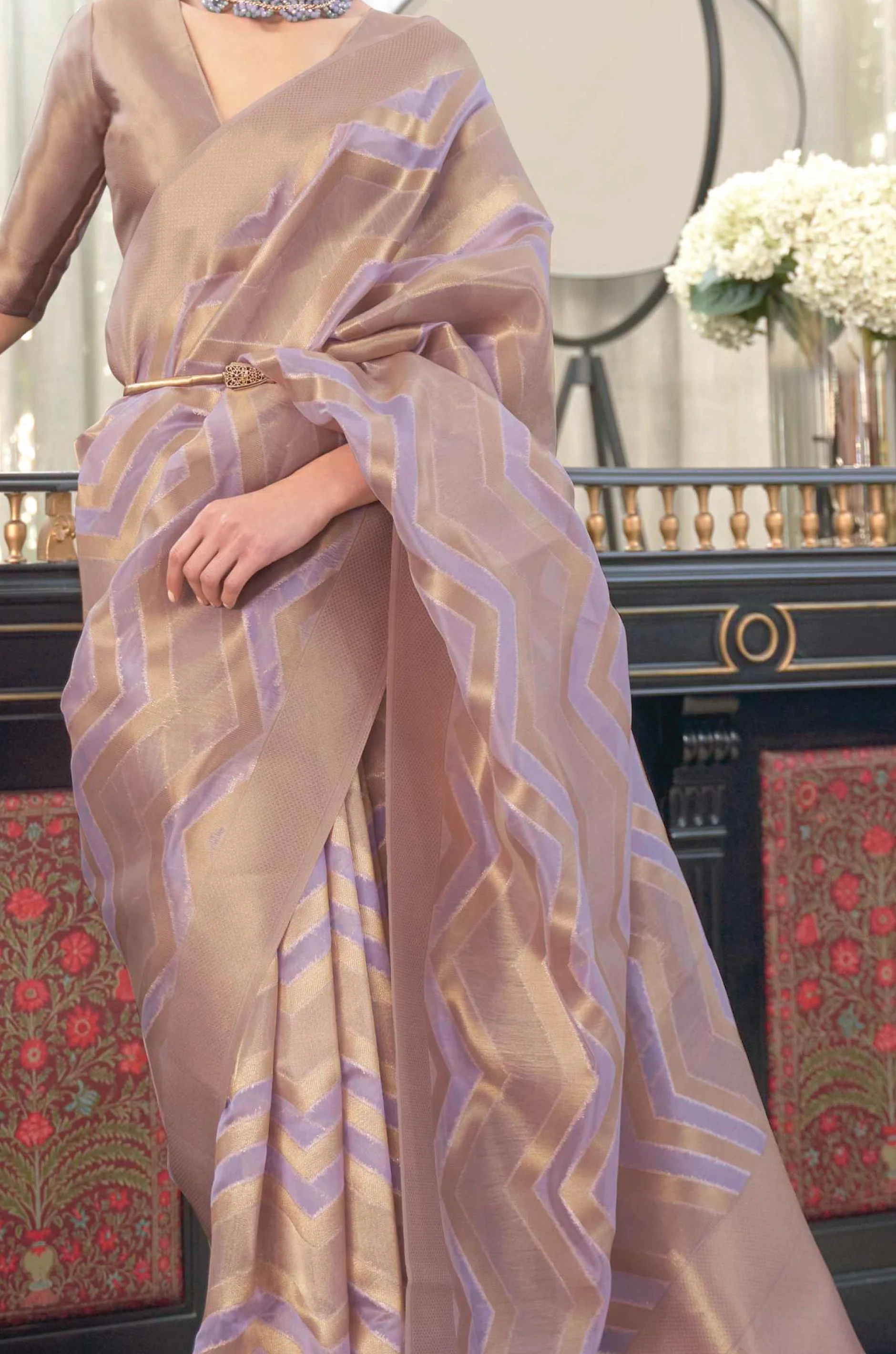 Purple Golden Woven Organza Saree - Image 3