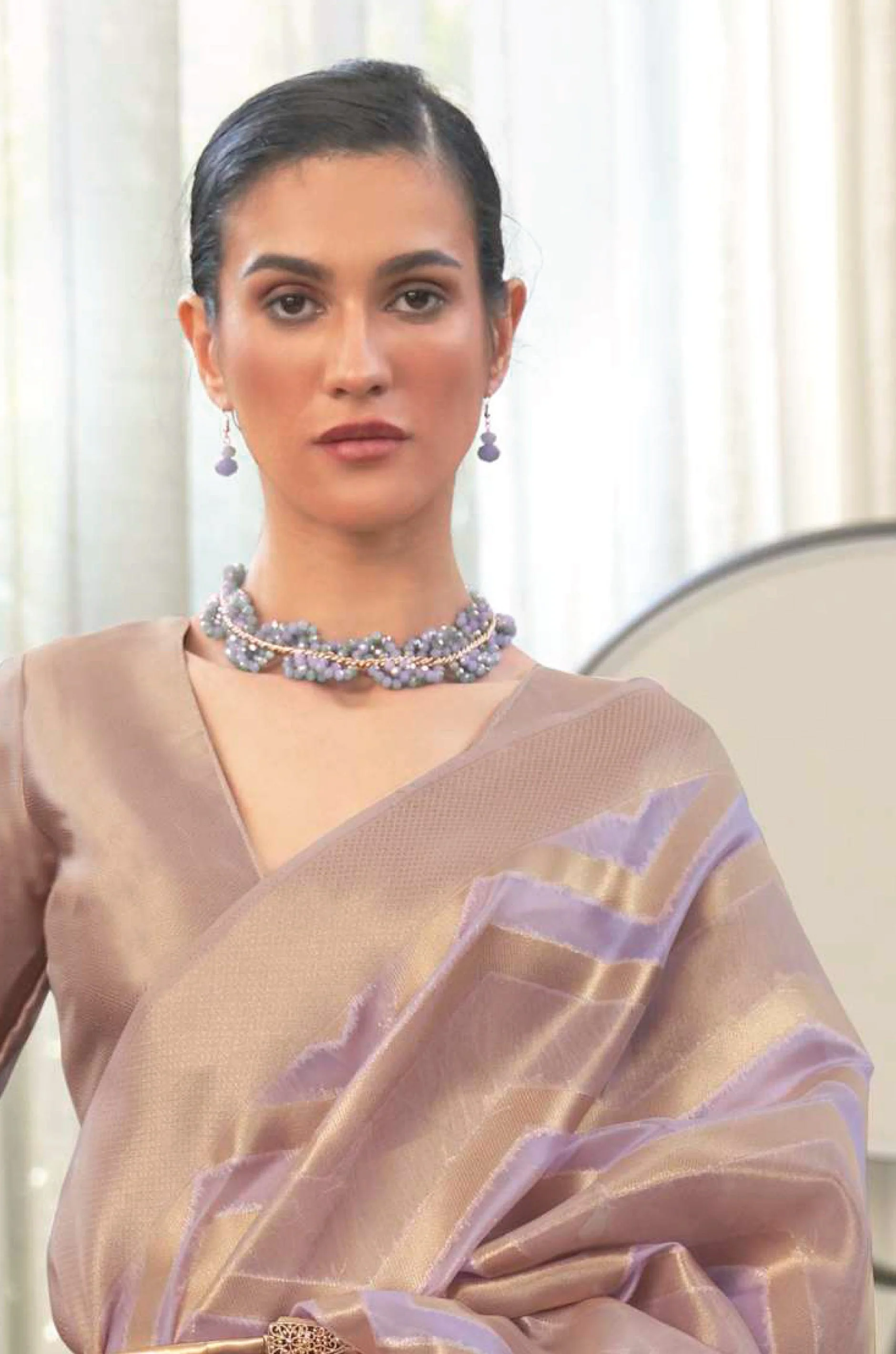 Purple Golden Woven Organza Saree - Image 4