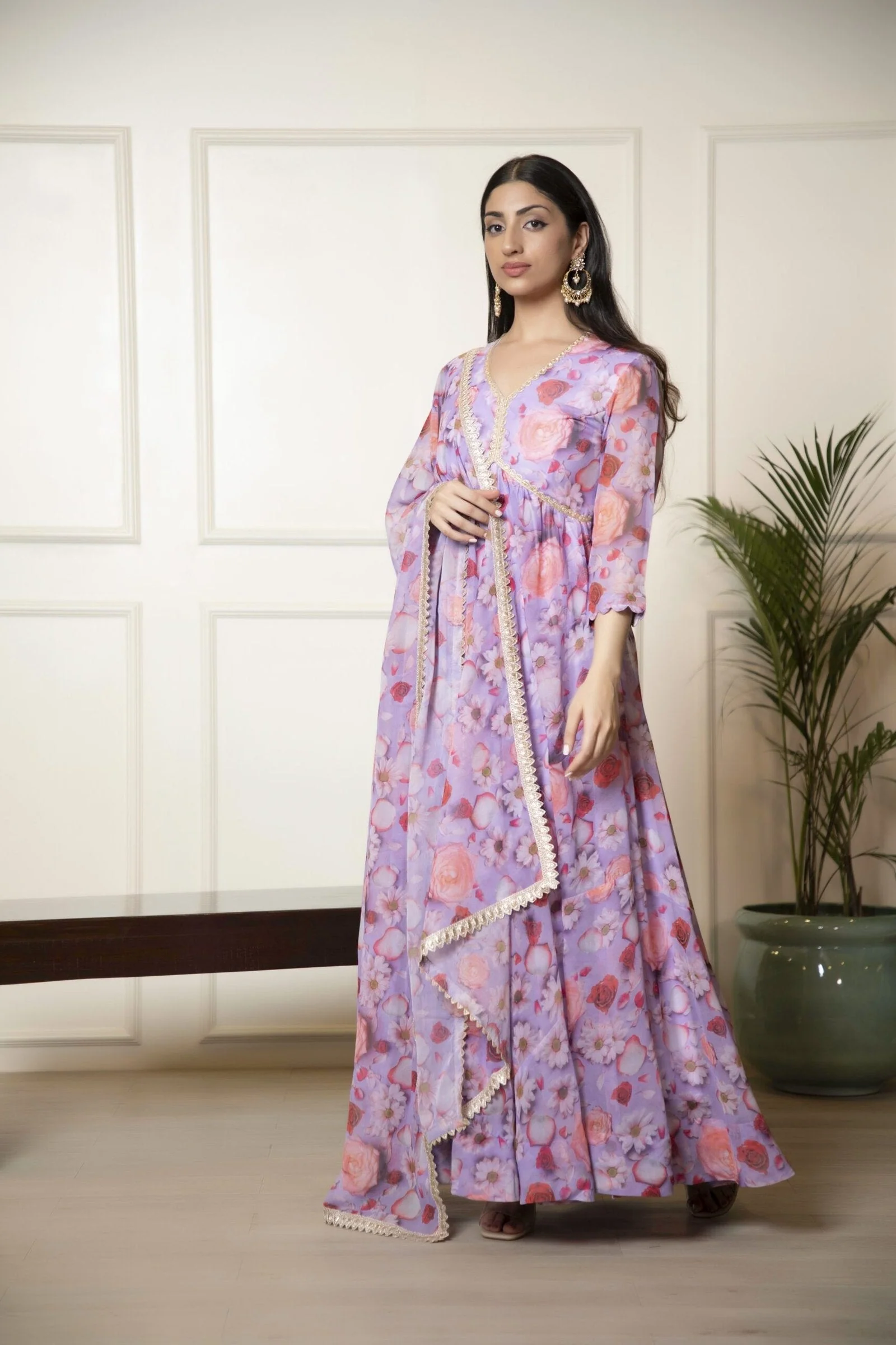Purple Printed Ethnic Dress with Dupatta - Image 2