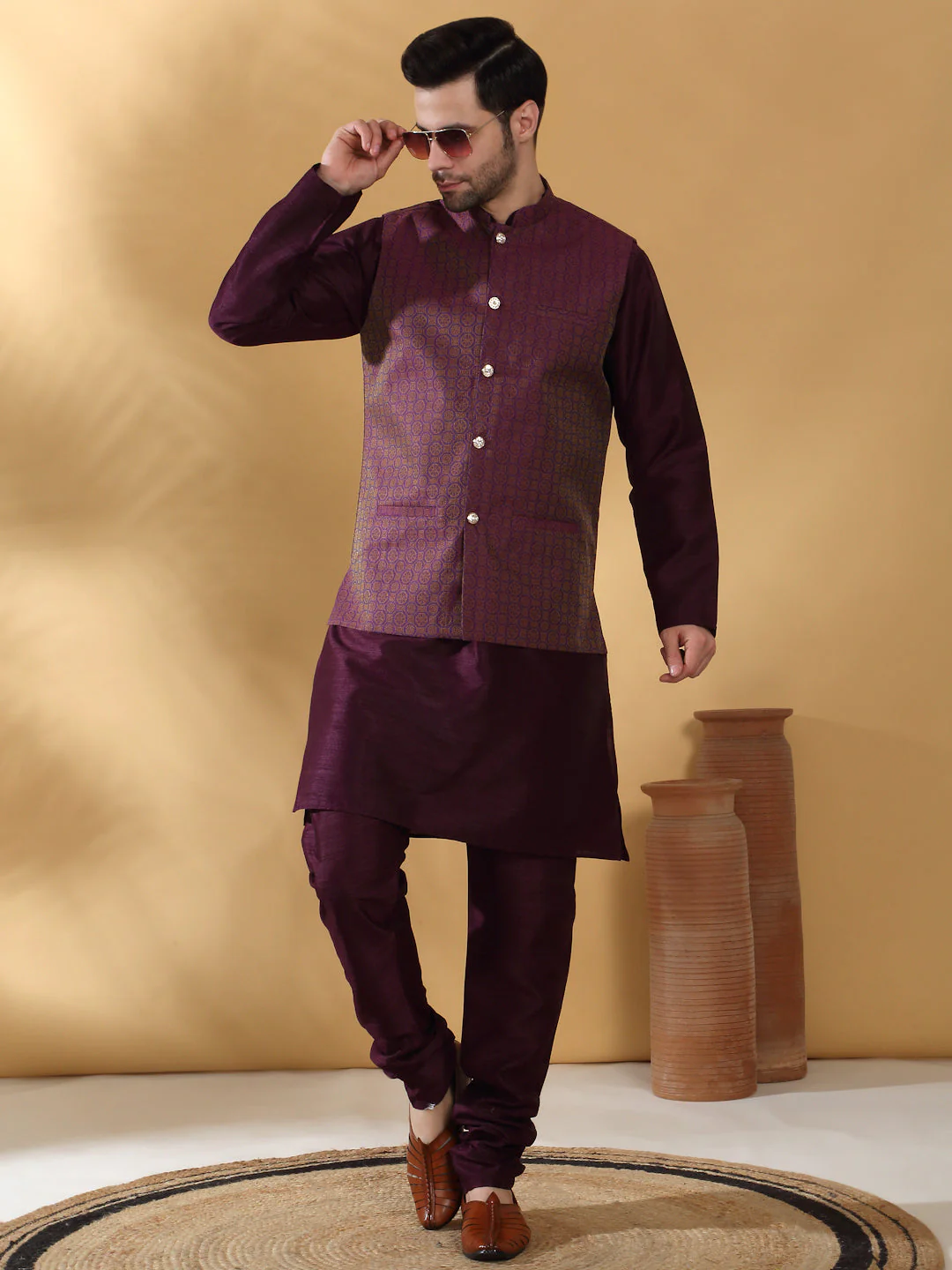 Purple Silk Blend Kurta churidar with Jacquard Geometric Sleeveless Nehru Jacket set - Image 17