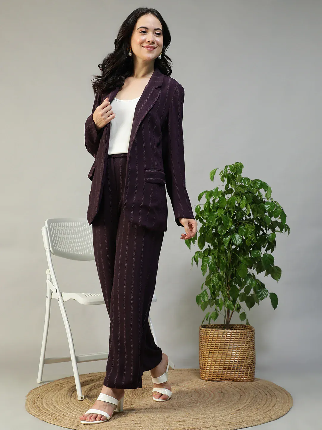 Purple Stripe Women Co-Ord Set | Button-Down Blazer - Image 5