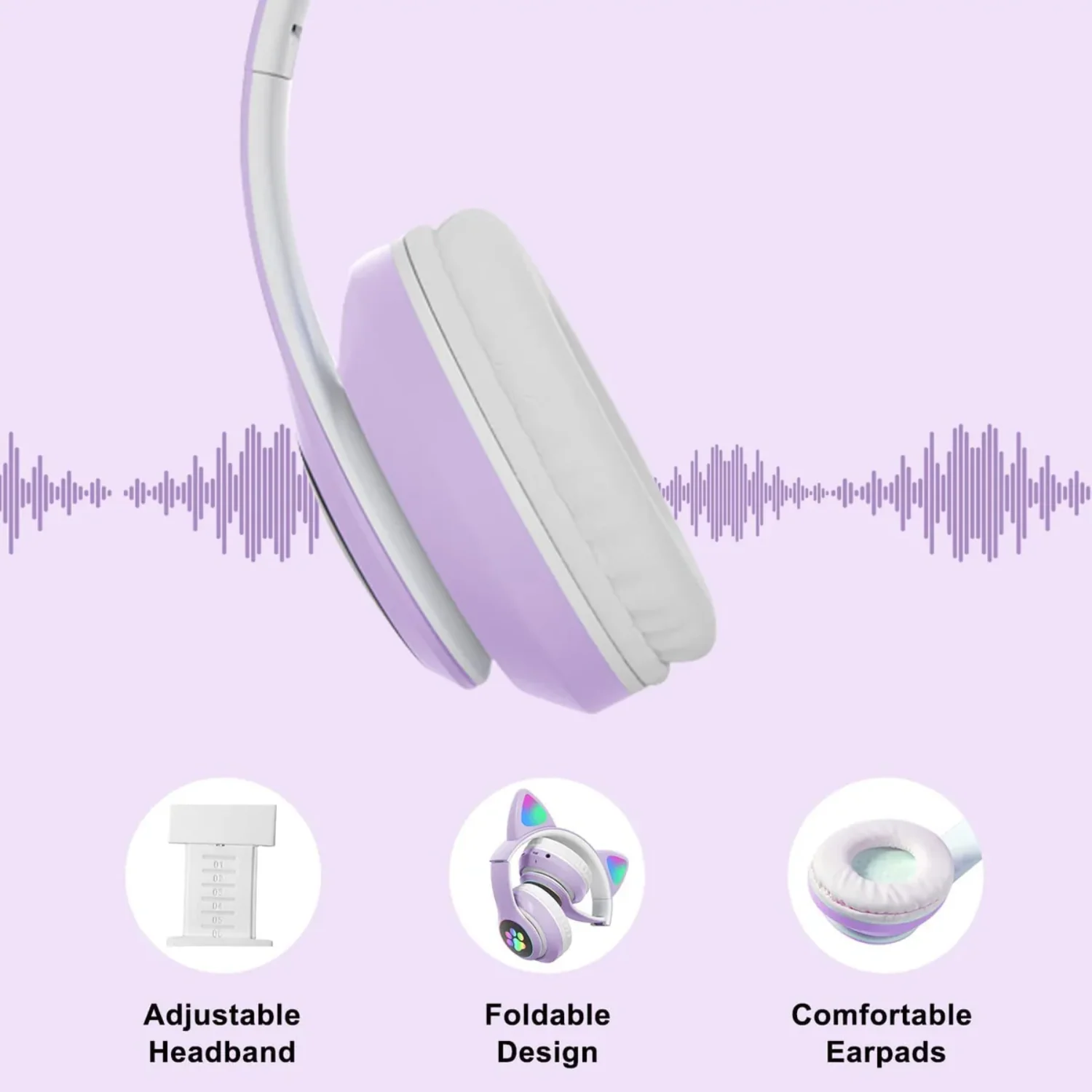 PurrStar: Cat Ear Bluetooth Headphones with LED Lights & Mic, Wireless Over-Ear Headphones, Cute Kitty Design for Music & Gaming (Assorted) - Image 4