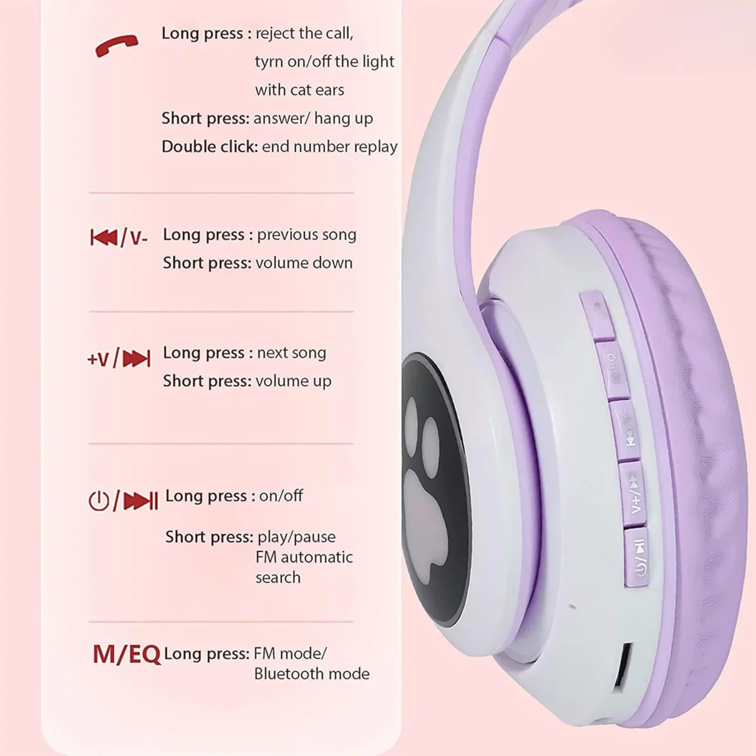 PurrStar: Cat Ear Bluetooth Headphones with LED Lights & Mic, Wireless Over-Ear Headphones, Cute Kitty Design for Music & Gaming (Assorted) - Image 9