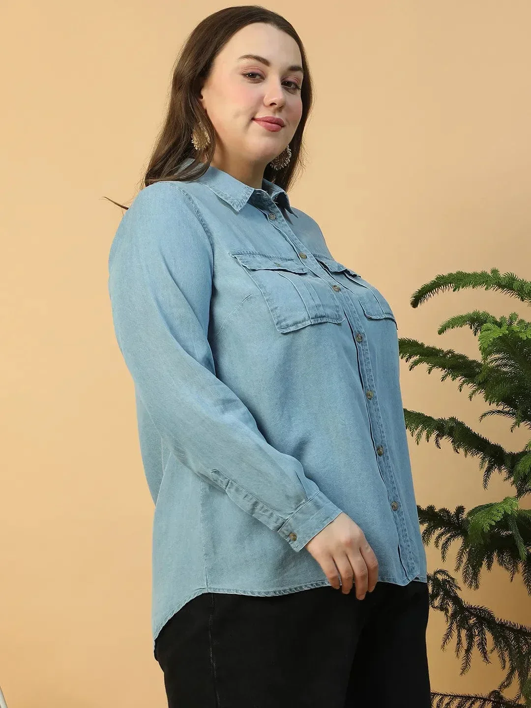Quick Light Blue Collared Neck With Button Down Long Sleeve Plus Size Women Cotton Denim Shirt - Image 5