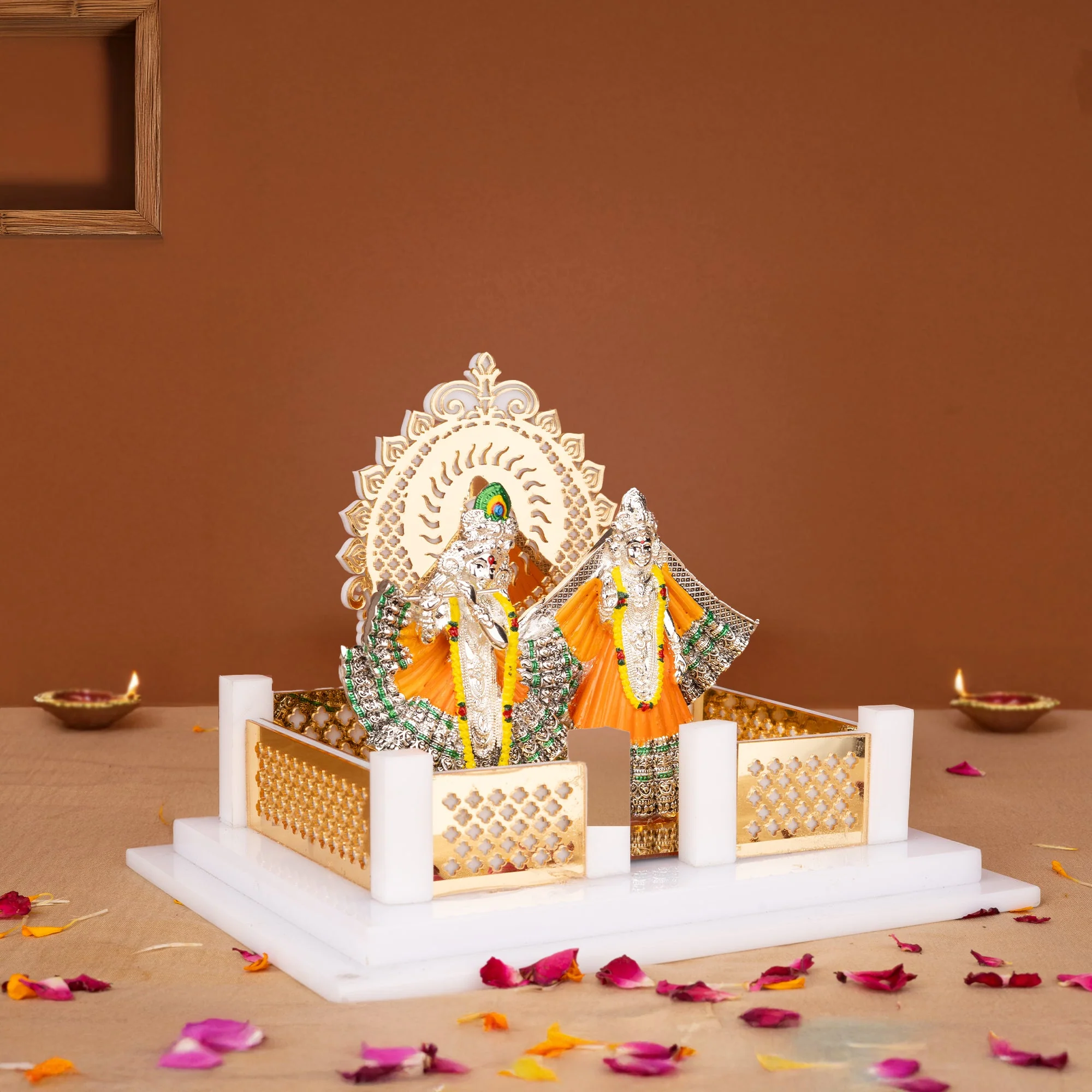 Radha Krishna Idol with Acrylic Temple Gold And Silver Divine Decorative Showpiece for Home Mandir & Gifting - Image 3