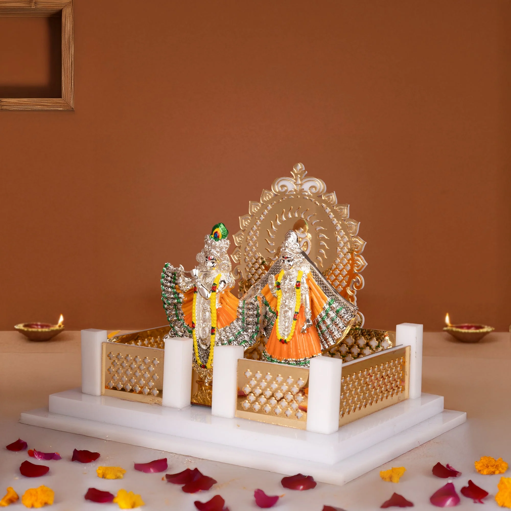 Radha Krishna Idol with Acrylic Temple Gold And Silver Divine Decorative Showpiece for Home Mandir & Gifting - Image 4