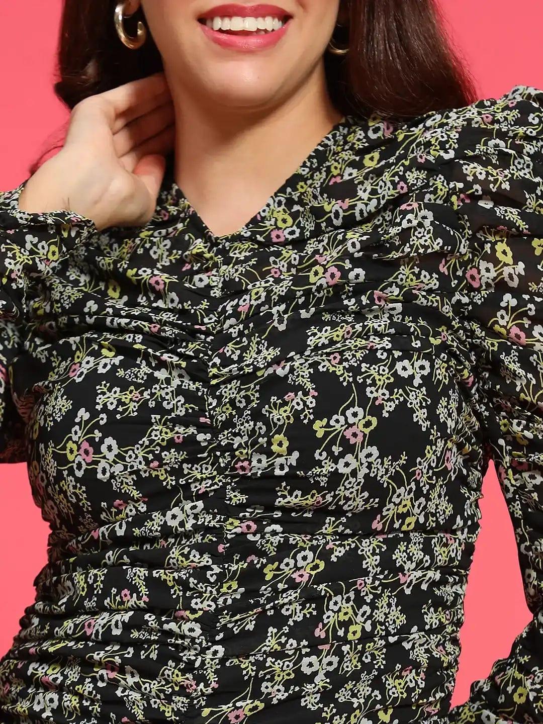 Radiant Black Long Sleeve Gather Pleated Women Top - Image 6