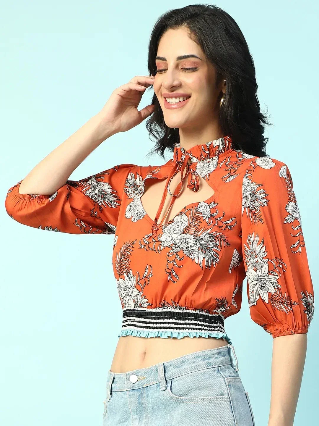 Rage Rust Floral Print Keyhole Neck Smocking Detail Women Crop Top - Image 3