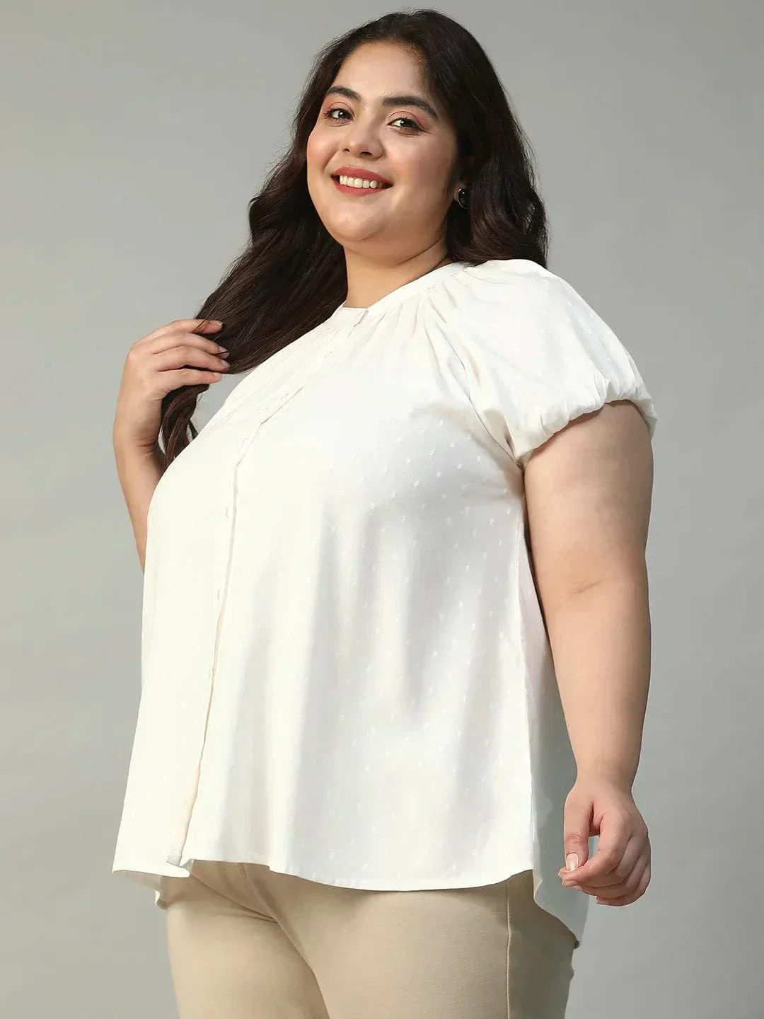 Ravishing White Gather Detail Short Sleeve Button Down Rayon Swiss Dot Dobby Plus Size Women Shirt - Image 3