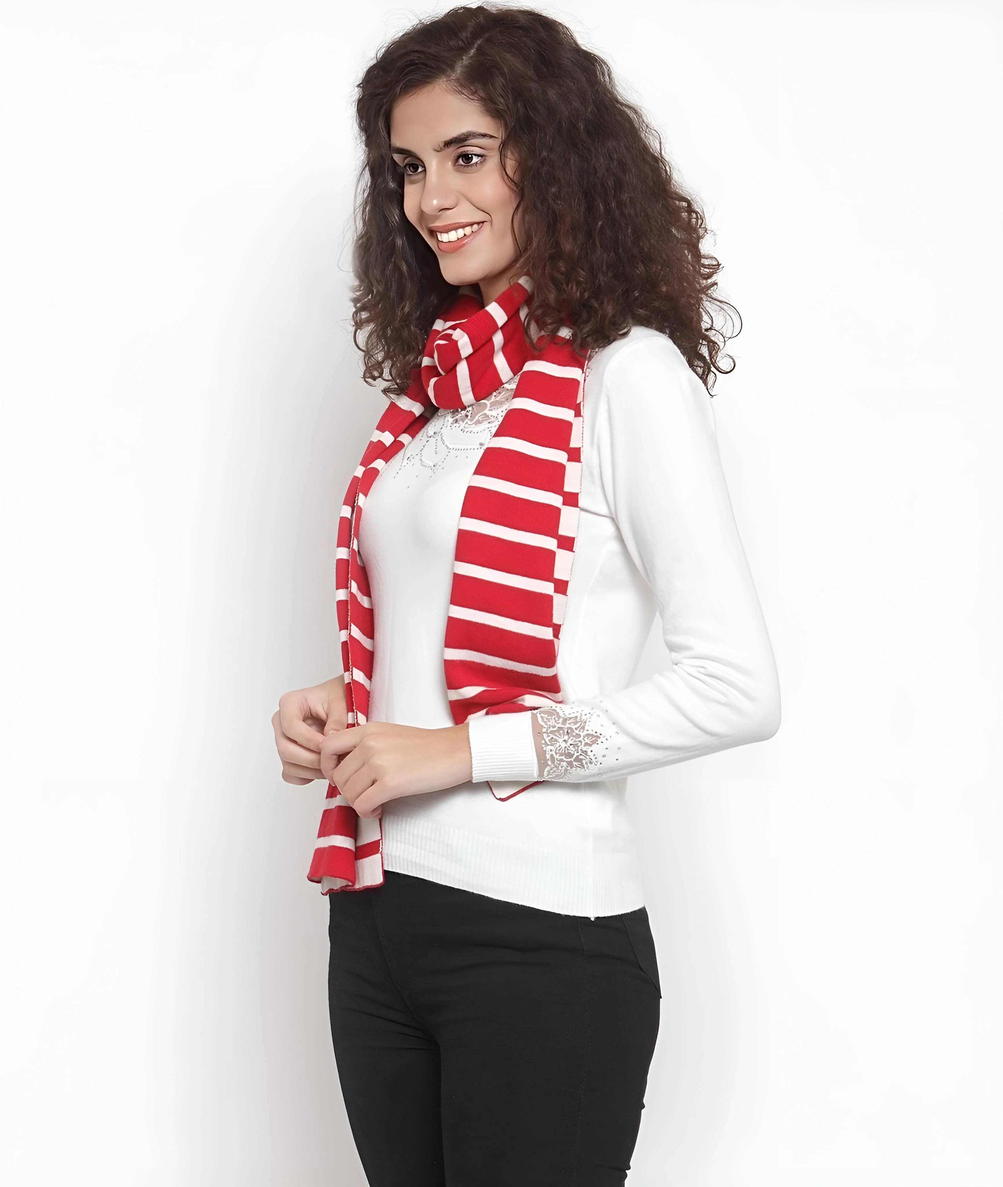 Red and Ivory Striped Cotton Knitted Scarf - Image 2