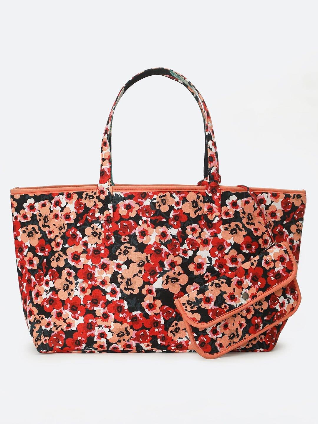 Red Black Floral Print Women Reversible Handbag For Fashion - Image 3