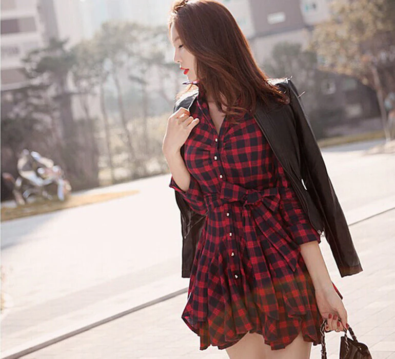 Red Chequered Short Dress - Image 4