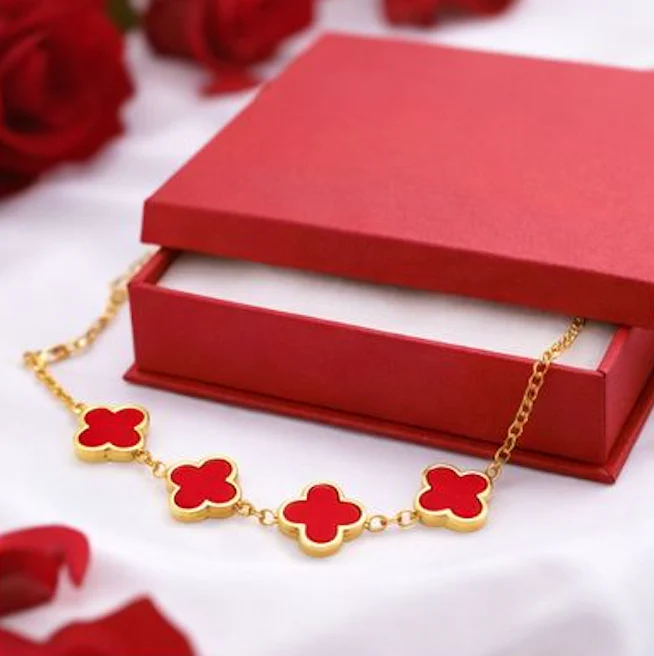 Red Clover Flower Bracelet for Women – Gold Chain Adjustable Charm Bracelet - Image 3