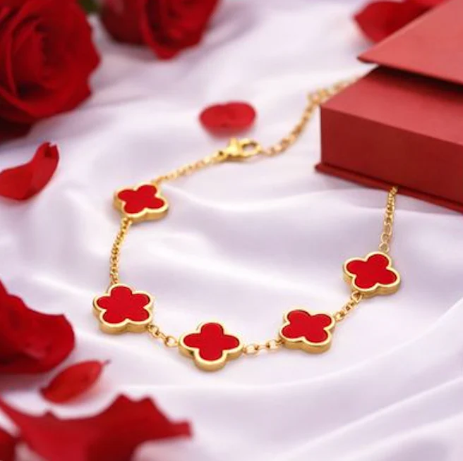Red Clover Flower Bracelet for Women – Gold Chain Adjustable Charm Bracelet - Image 4