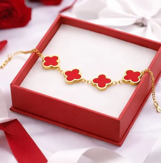 Red Clover Flower Bracelet for Women – Gold Chain Adjustable Charm Bracelet - Image 5