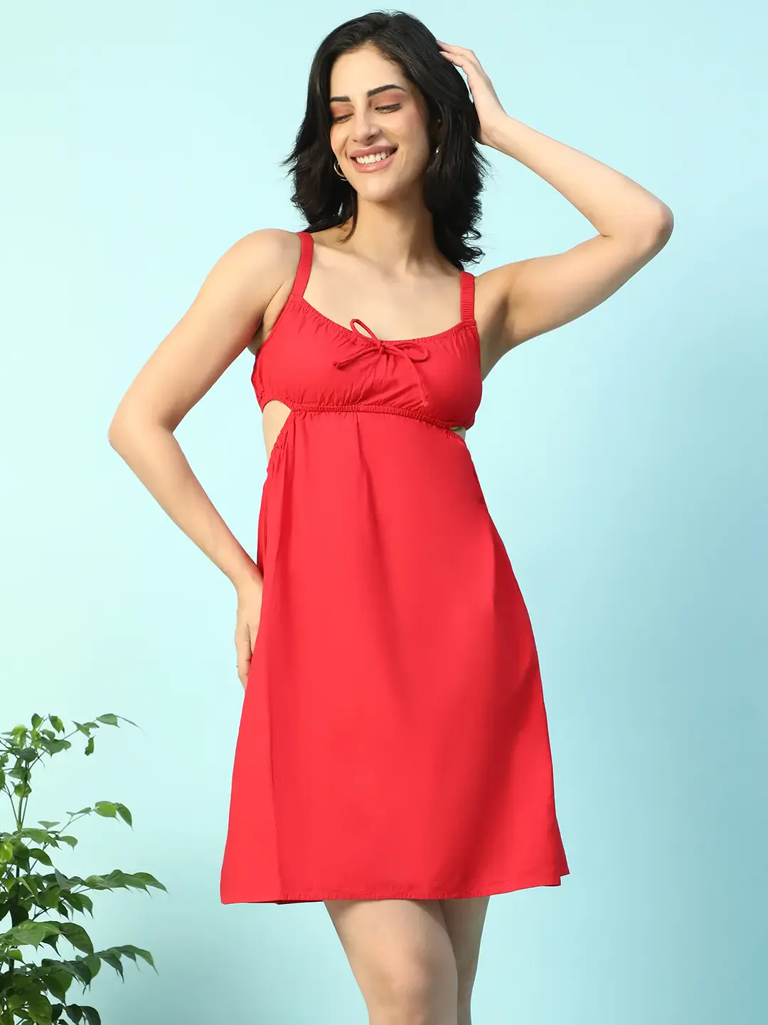 Red Cotton Poplin Cut-Out Sleeveless Shoulder Strap Women Dress - Image 3