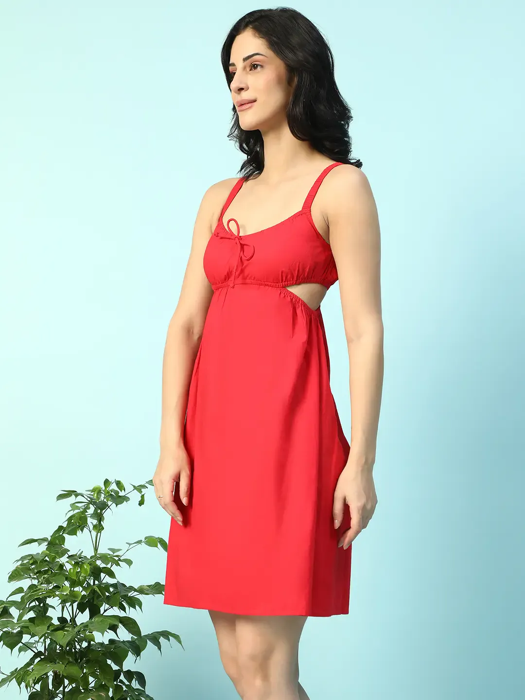 Red Cotton Poplin Cut-Out Sleeveless Shoulder Strap Women Dress - Image 5