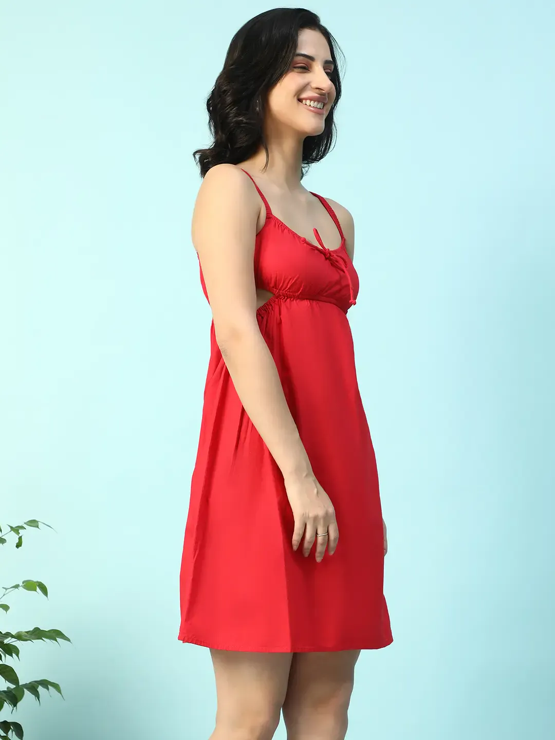 Red Cotton Poplin Cut-Out Sleeveless Shoulder Strap Women Dress - Image 6