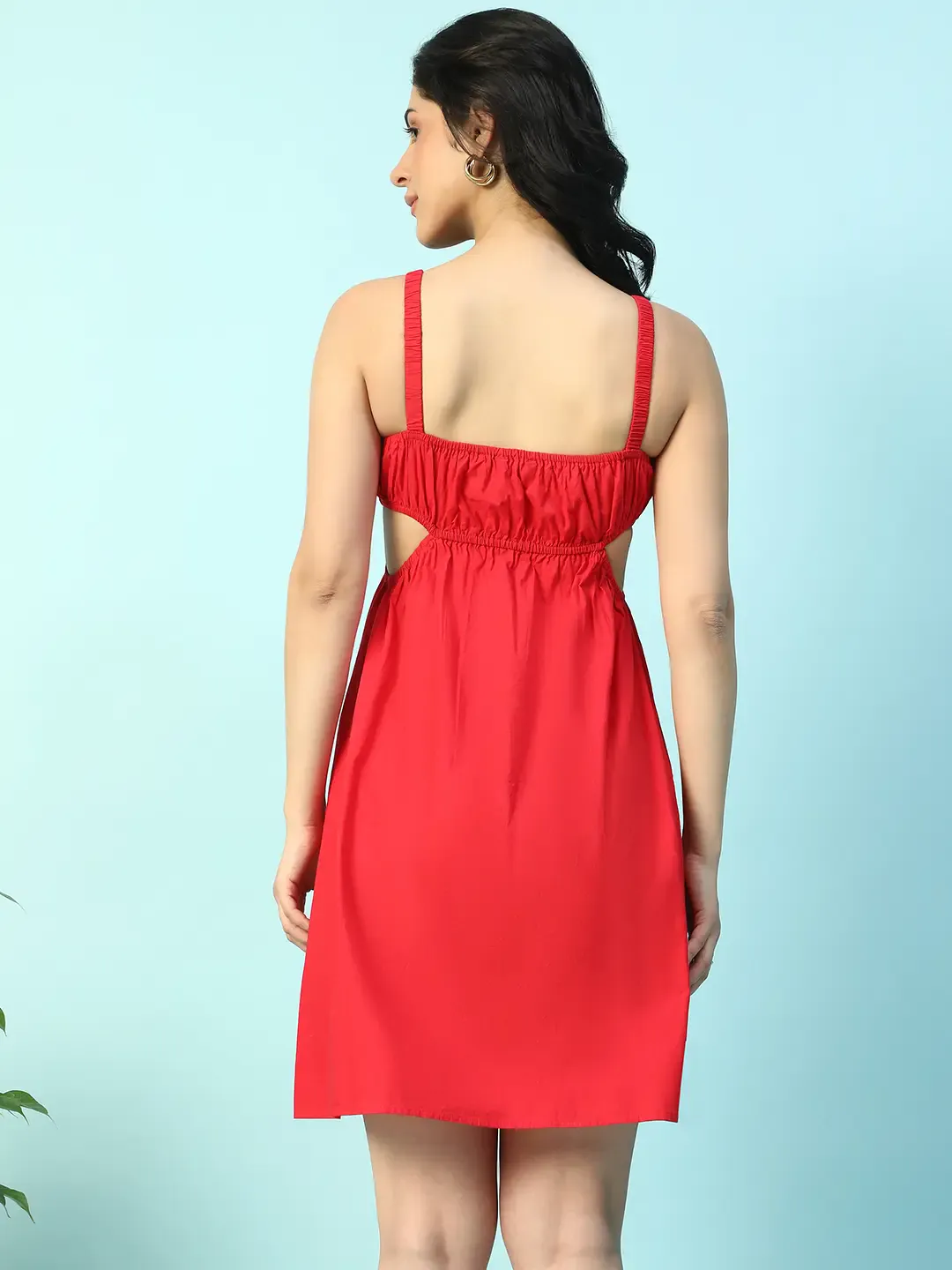 Red Cotton Poplin Cut-Out Sleeveless Shoulder Strap Women Dress - Image 7