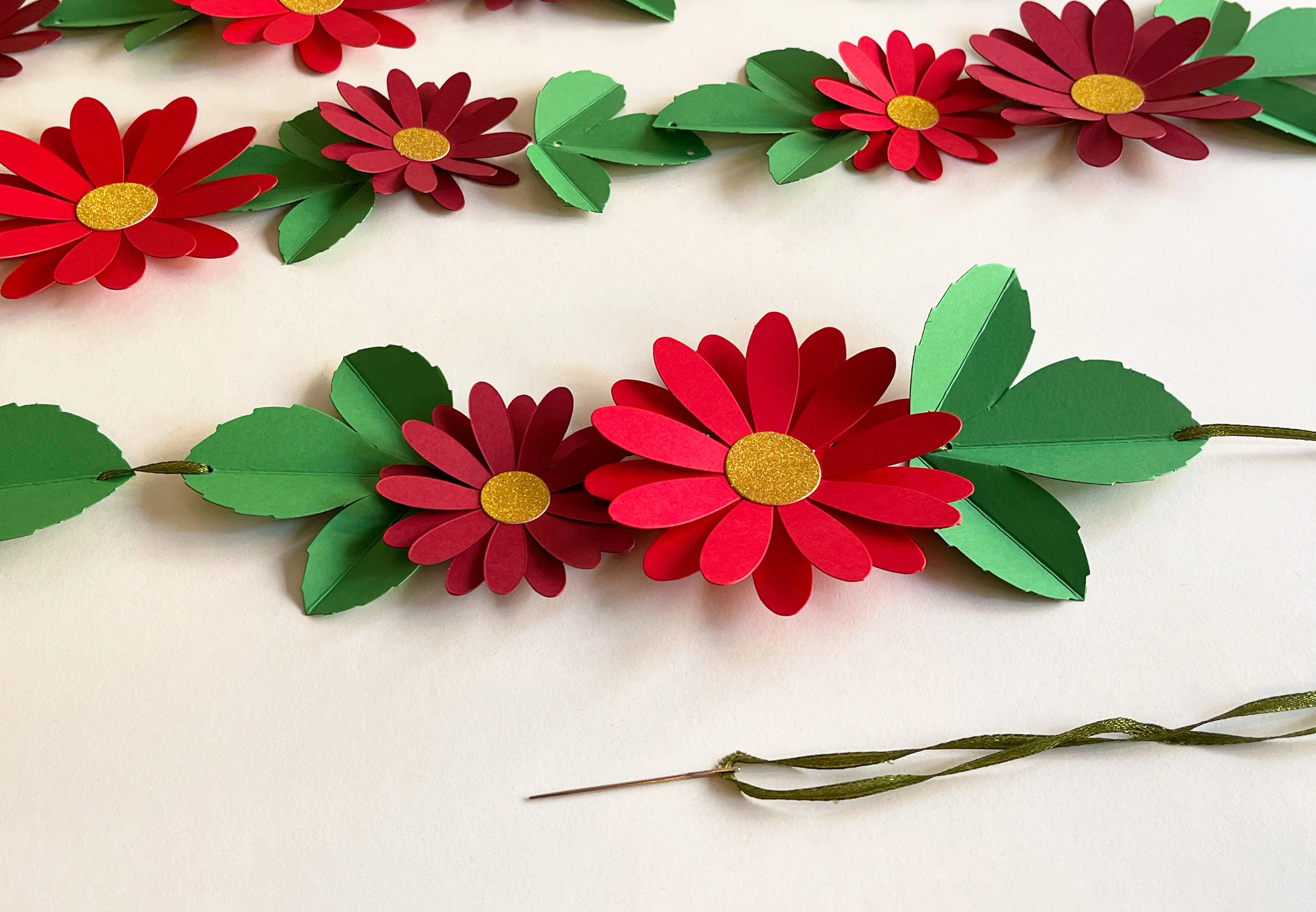 Red Daisy Flower & Leaves Paper Bunting & Wall Decor - Image 6