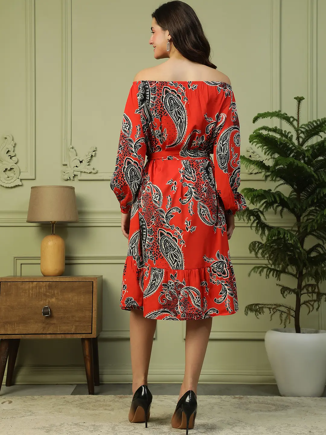 Red Floral Off Shoulder Long Sleeve Women Dress with Belt - Image 11