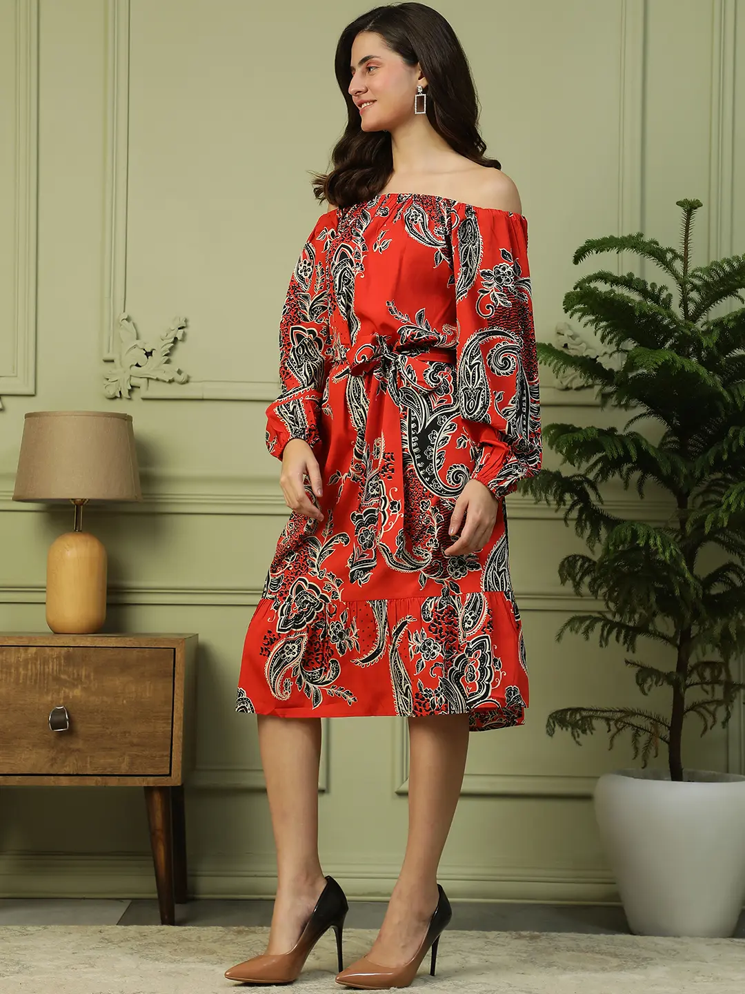 Red Floral Off Shoulder Long Sleeve Women Dress with Belt - Image 13