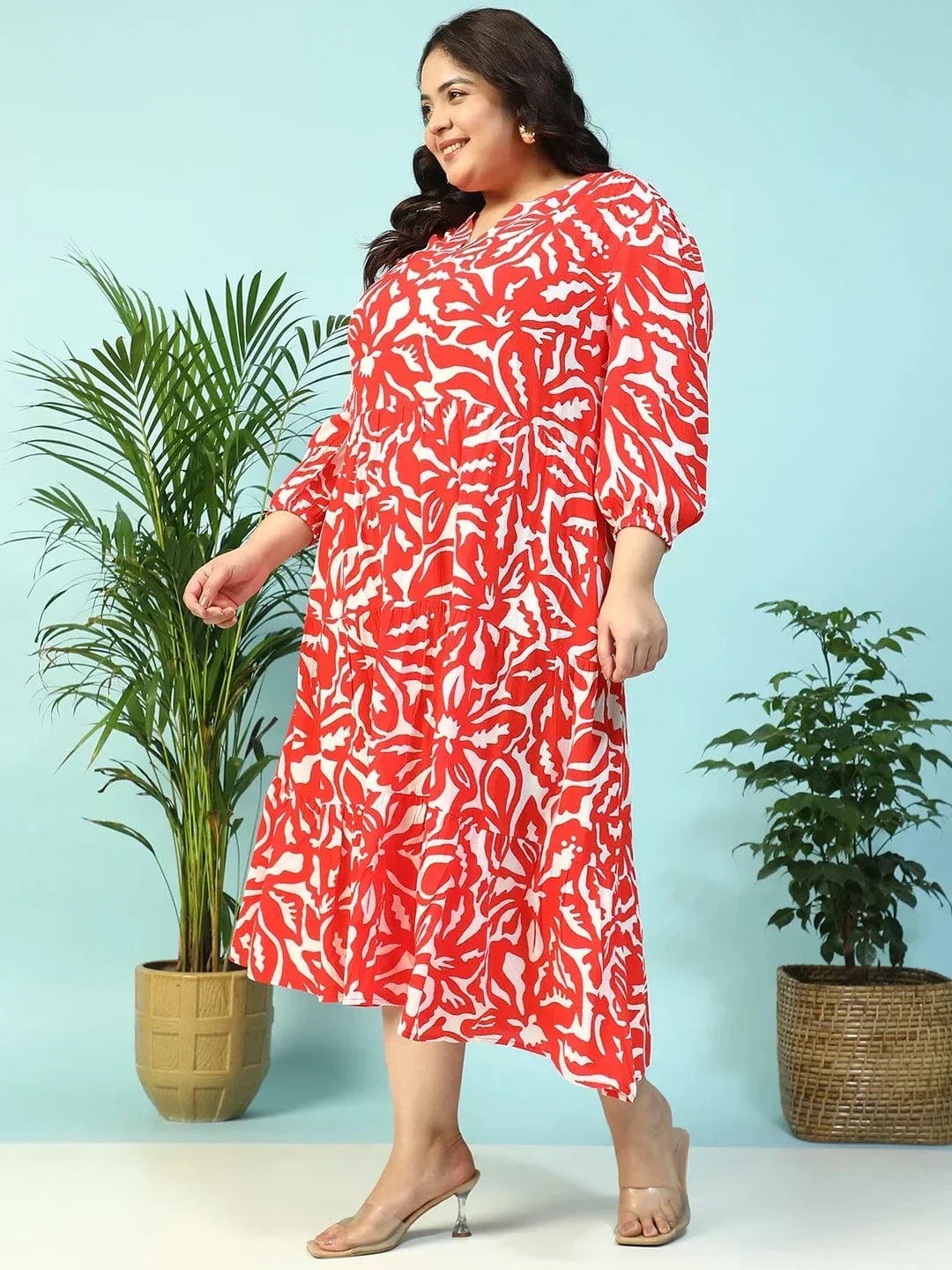 Red Floral Print V-Neck Long Sleeve Flare Maxi Plus Size Women Dress - Image 4