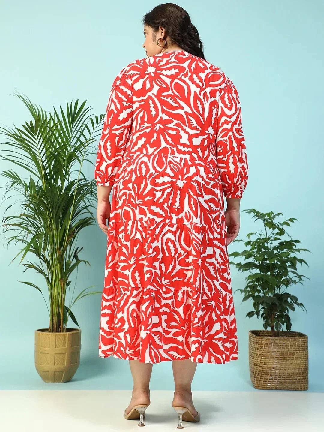 Red Floral Print V-Neck Long Sleeve Flare Maxi Plus Size Women Dress - Image 5