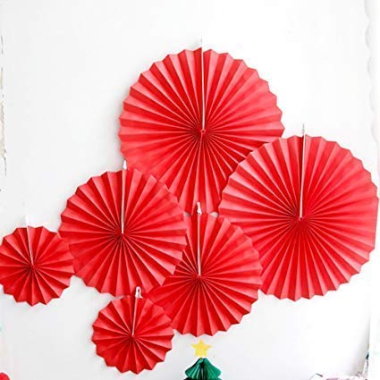 Red Hanging Paper Fans Decoration Set (Pack of 6)  (Size: 2X16 Inch, 2X12 Inch, 2X8 Inch) - Image 3