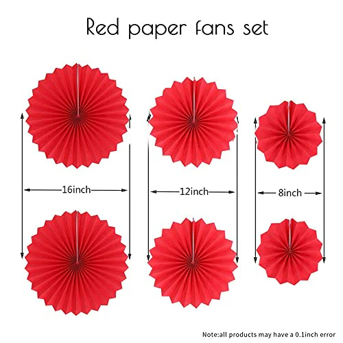 Red Hanging Paper Fans Decoration Set (Pack of 6)  (Size: 2X16 Inch, 2X12 Inch, 2X8 Inch) - Image 5