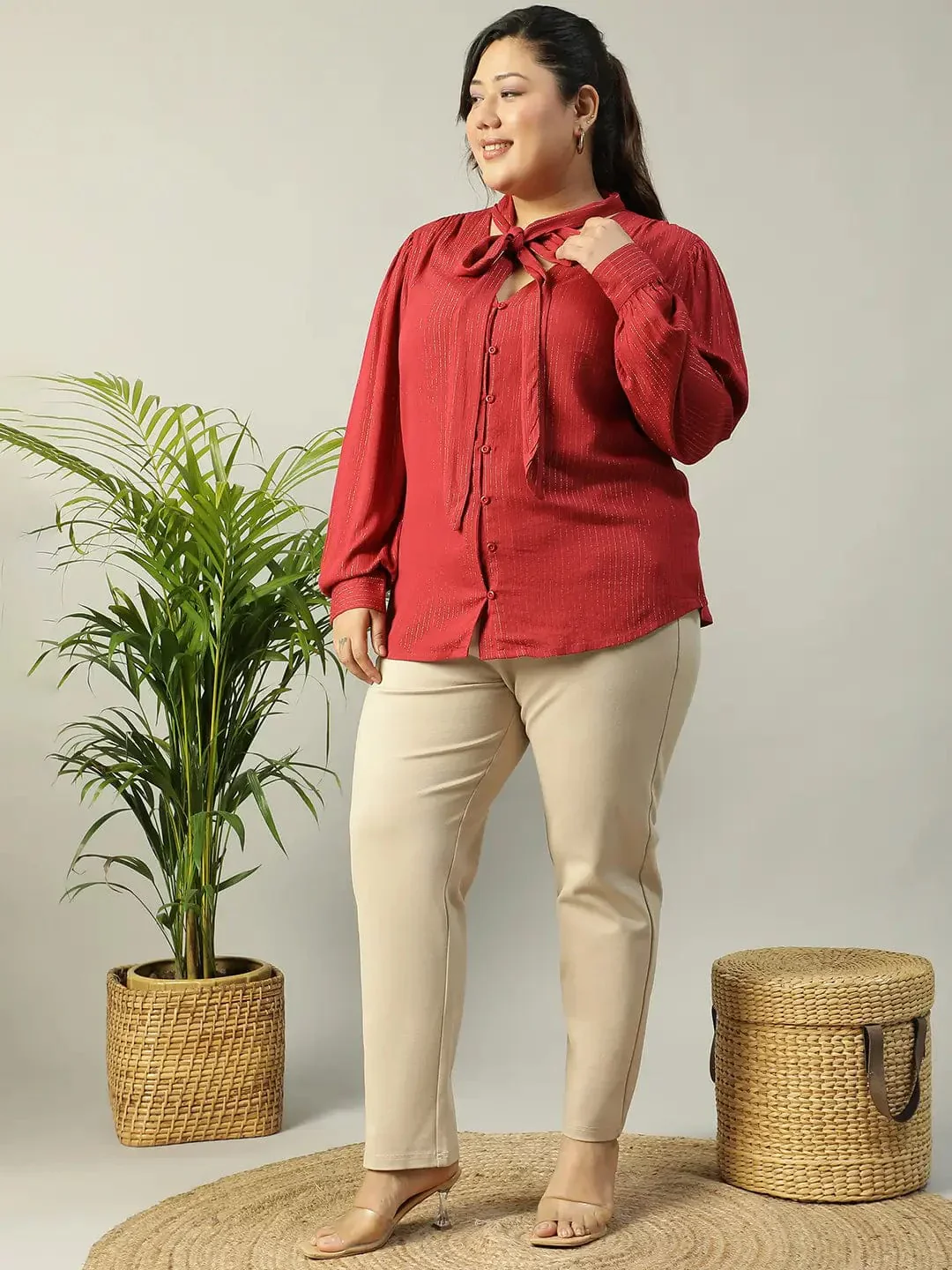 Red Lurex rayon solid V- Neck With Tie-knot Belt Long Sleeve Plus Size Women Top - Image 2