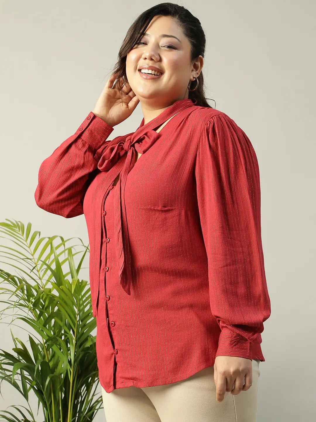 Red Lurex rayon solid V- Neck With Tie-knot Belt Long Sleeve Plus Size Women Top - Image 3
