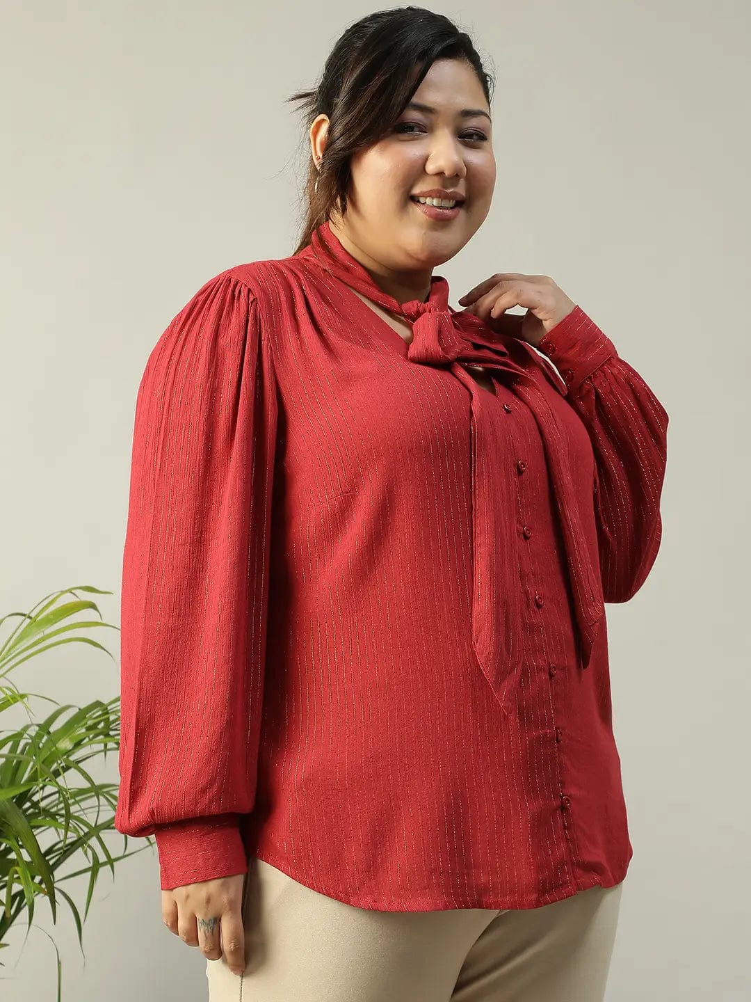 Red Lurex rayon solid V- Neck With Tie-knot Belt Long Sleeve Plus Size Women Top - Image 4