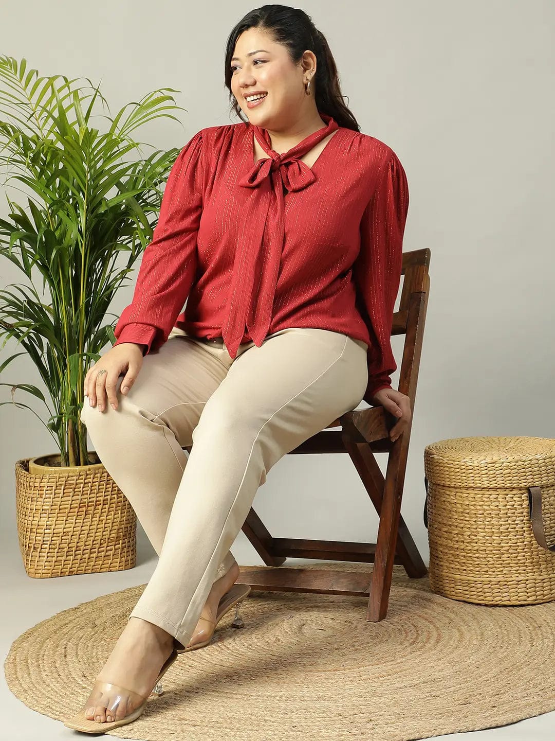 Red Lurex rayon solid V- Neck With Tie-knot Belt Long Sleeve Plus Size Women Top - Image 7