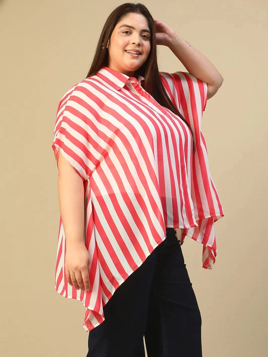 Red Stripe Print Coallred Button Down High Low Hem Plus Size Women Top - Image 4