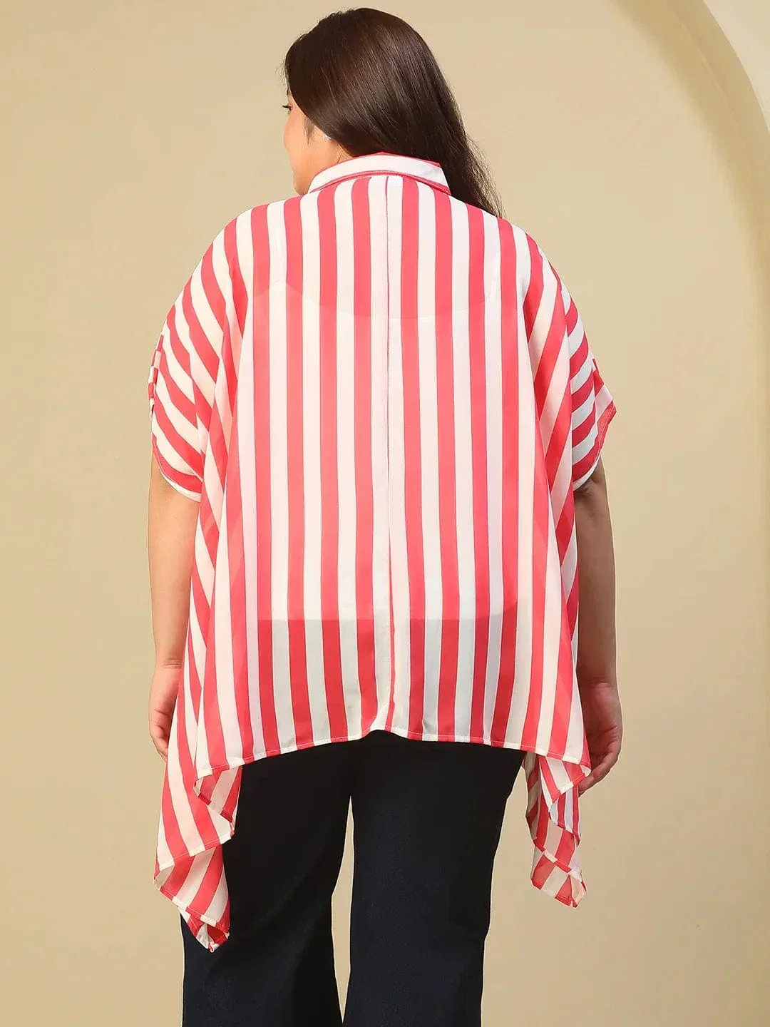 Red Stripe Print Coallred Button Down High Low Hem Plus Size Women Top - Image 5
