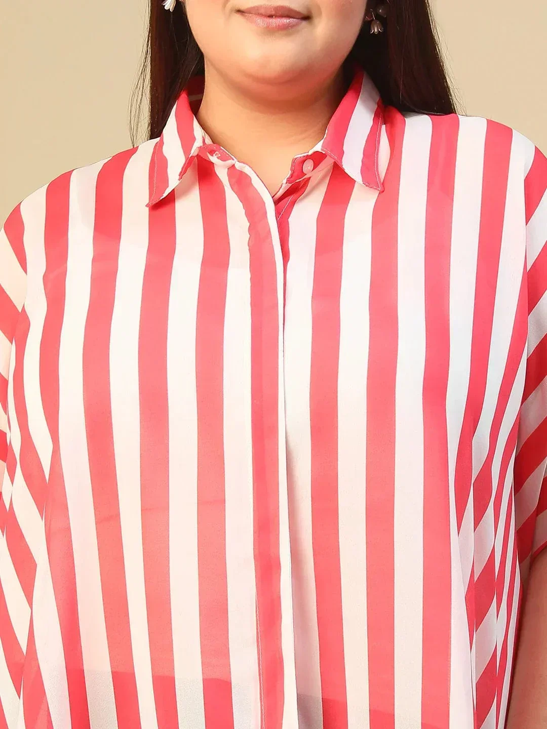 Red Stripe Print Coallred Button Down High Low Hem Plus Size Women Top - Image 6