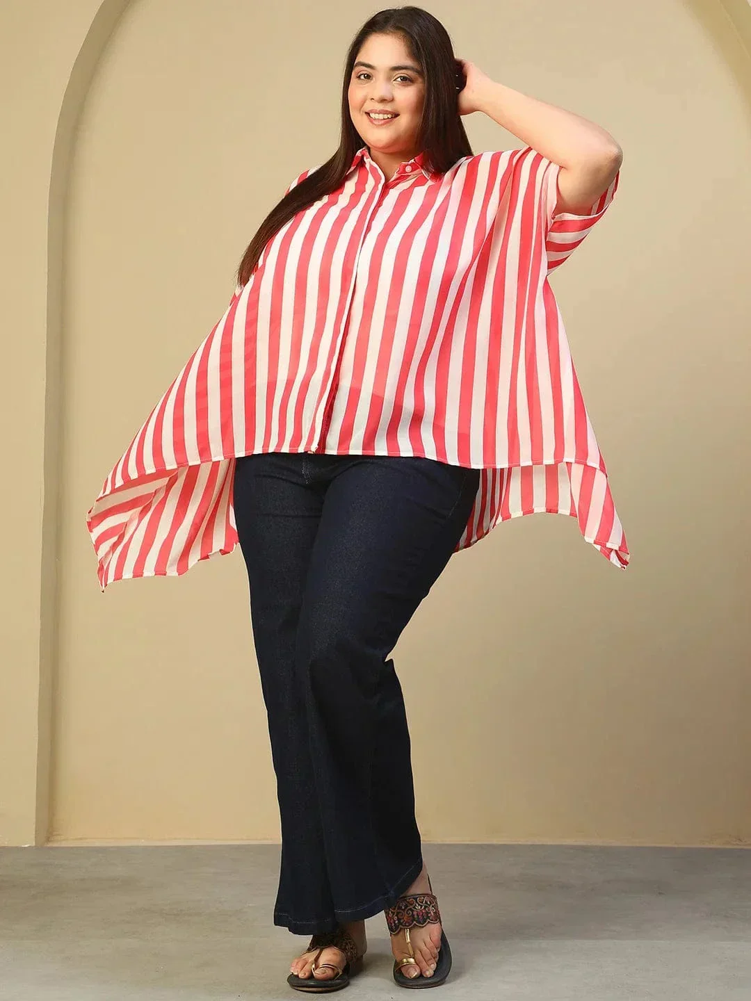 Red Stripe Print Coallred Button Down High Low Hem Plus Size Women Top - Image 7