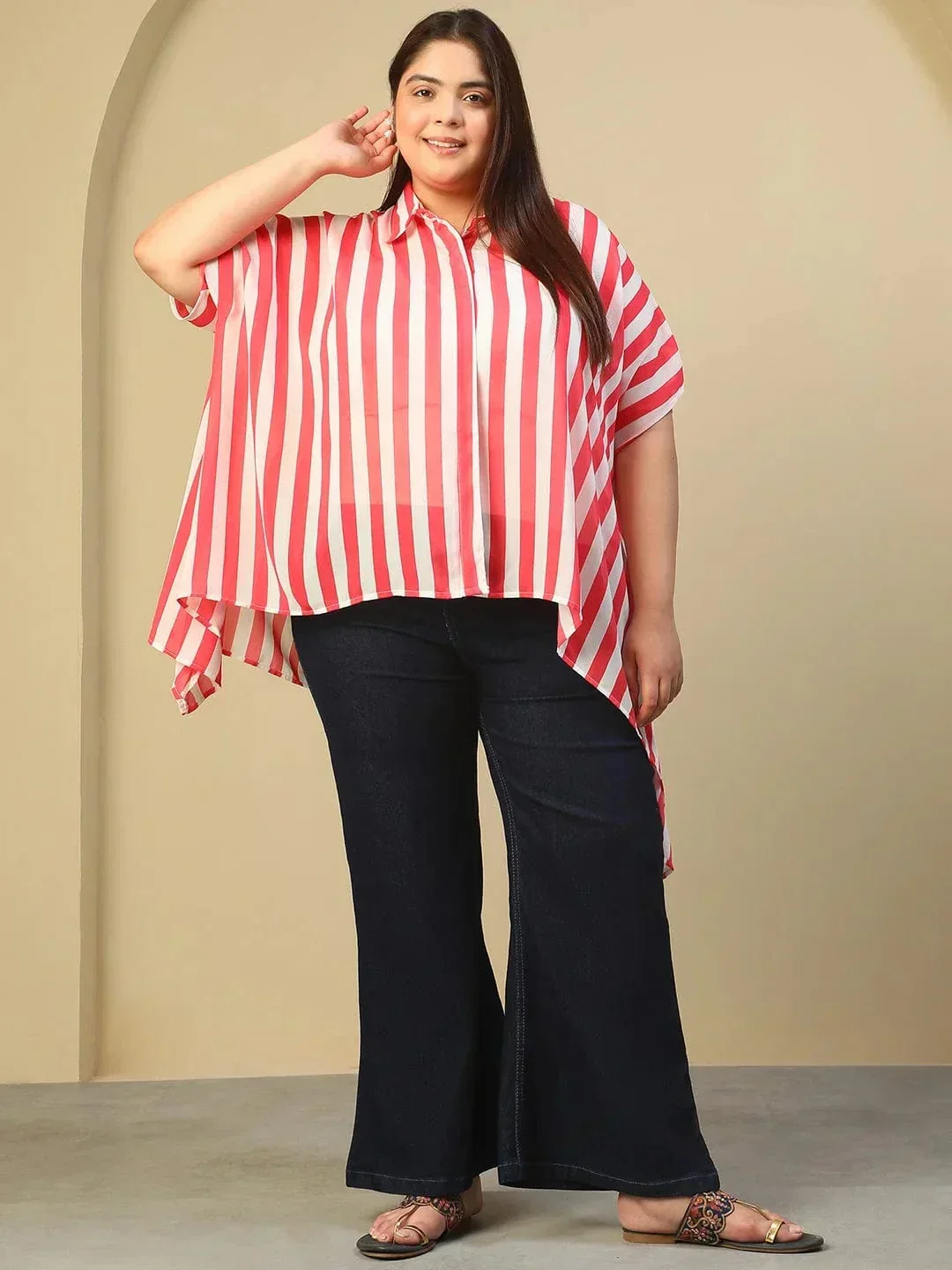 Red Stripe Print Coallred Button Down High Low Hem Plus Size Women Top - Image 8