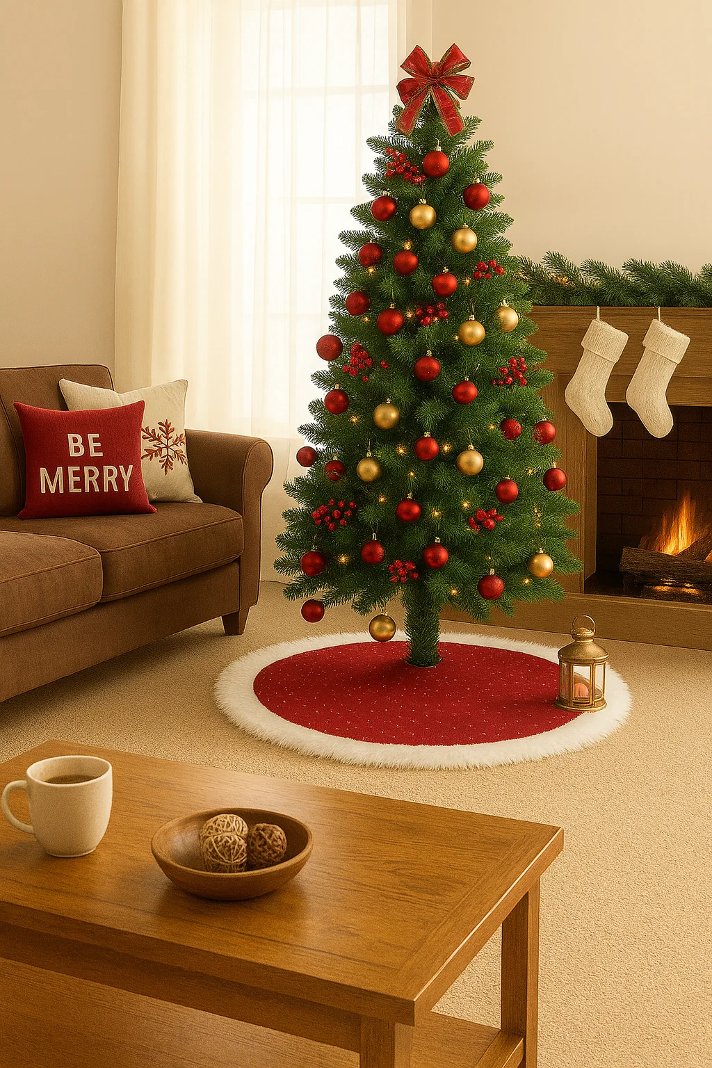 Red Velvet & White Faux-Fur Christmas Tree Skirt - Image 2