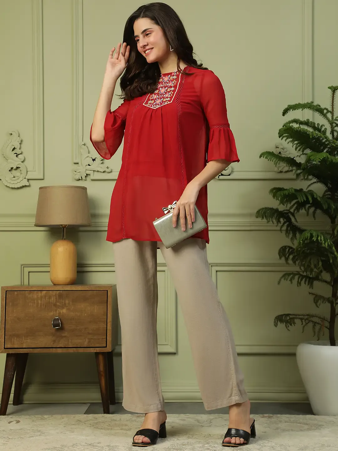 Red Women’s Long Top with 3/4 Bell Sleeves & Embroidery - Image 6