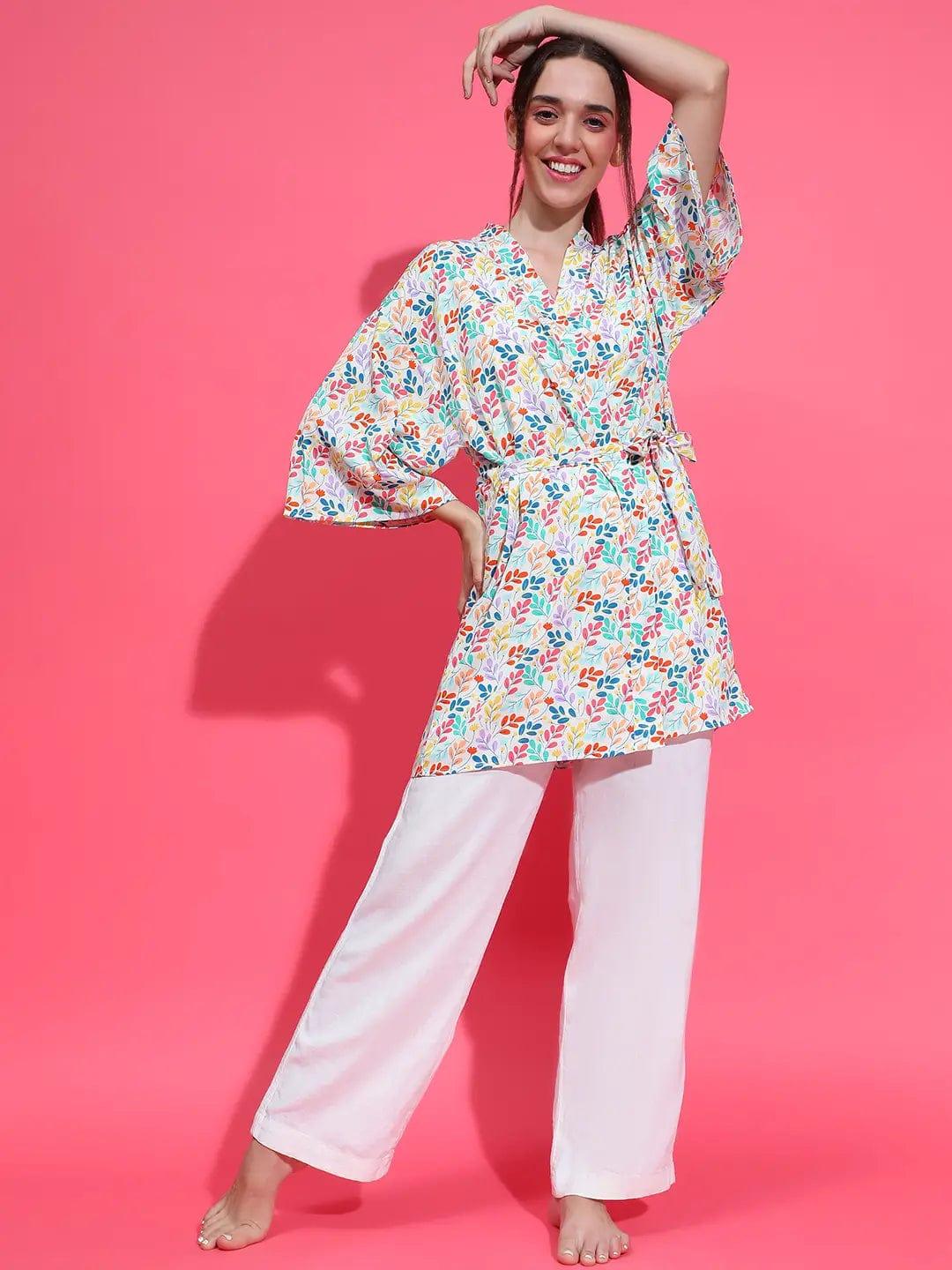 Refresh White Floral Print Women Top Open Collar Nightwear Shrug Available - Image 2