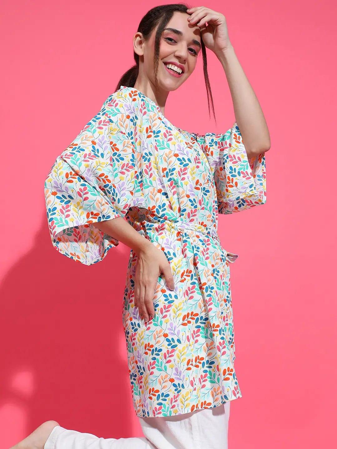 Refresh White Floral Print Women Top Open Collar Nightwear Shrug Available - Image 4