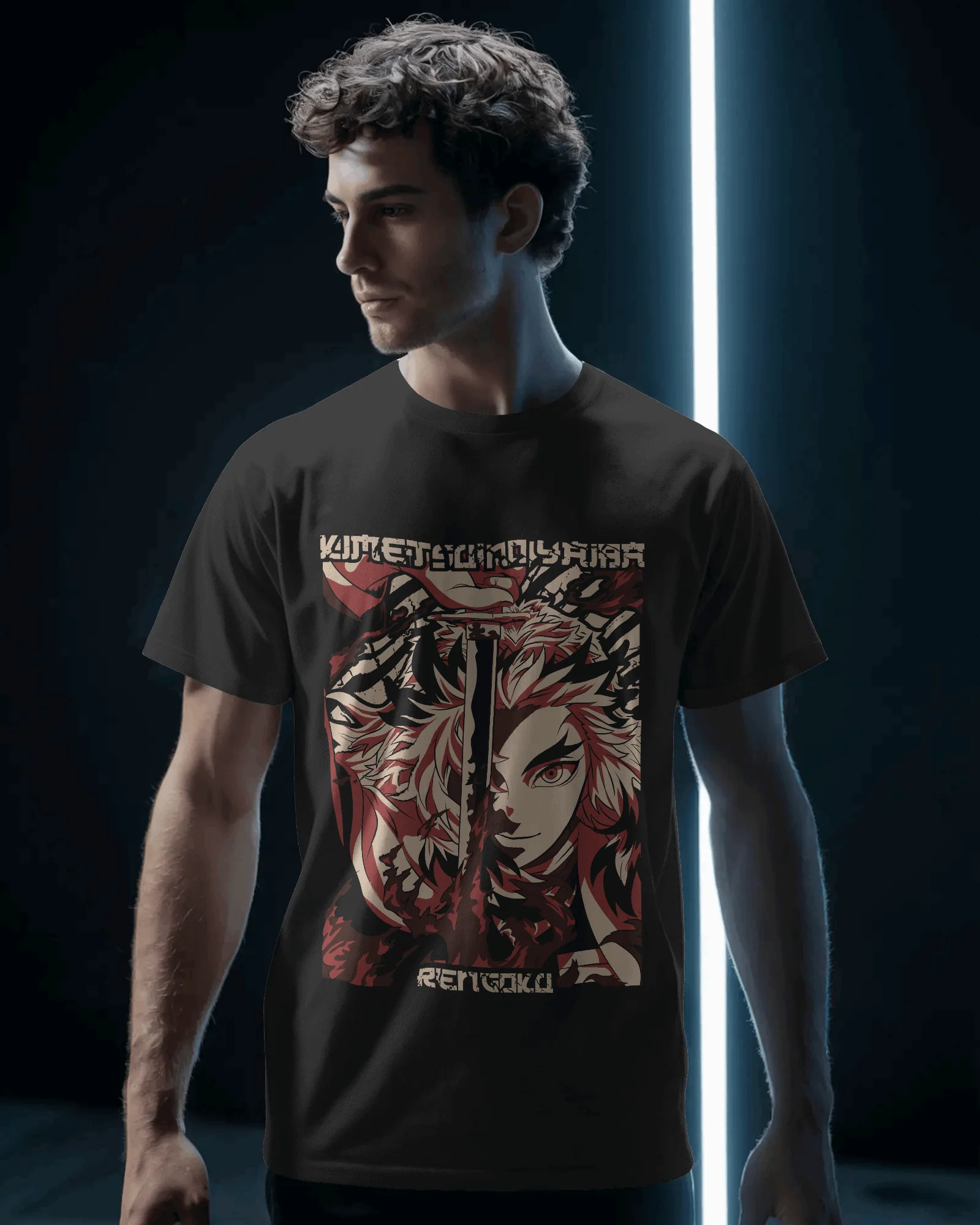 Rengoku Flame Hashira Split‑Blade Graphic T‑Shirt (Black)