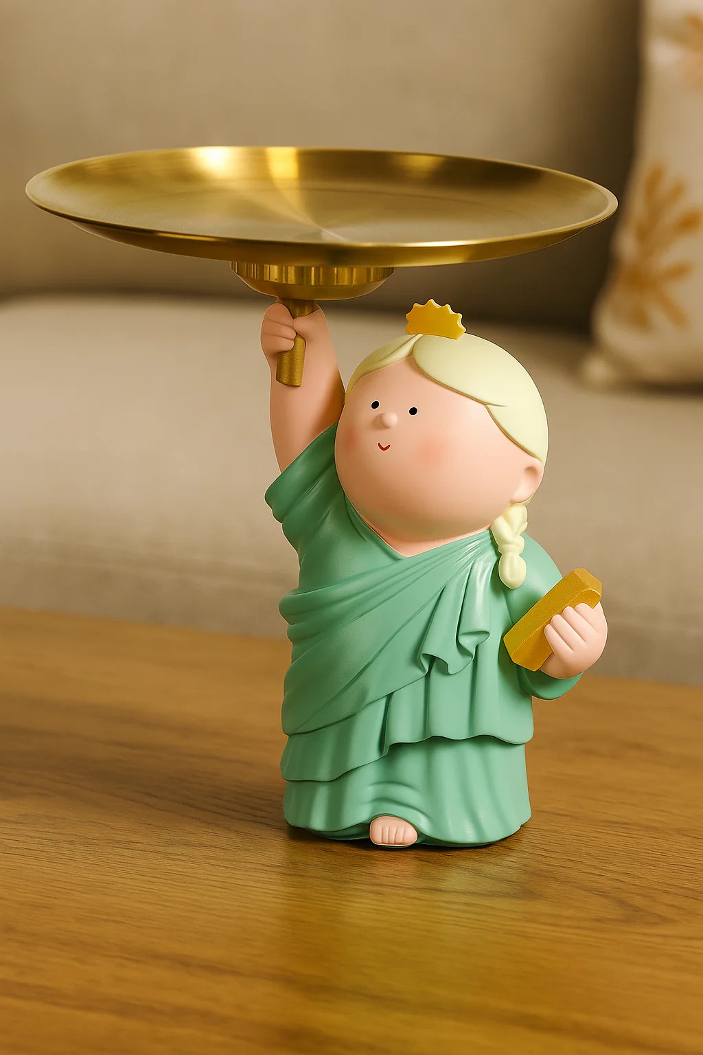 Resin Table Decor Statue with Golden Tray | Cute Lady Holding Plate Figurine - Image 2